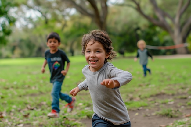 Um menino está correndo em um parque com outras duas crianças