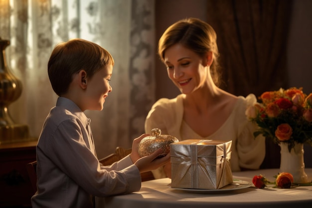 um menino está dando um presente para sua mãe em uma mesa