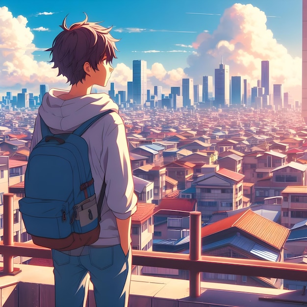 Foto um menino está de pé em um telhado olhando para a cidade e o céu estilo anime