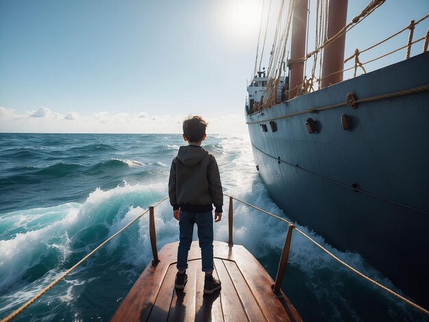 Um menino está de pé na borda de um navio no meio do oceano