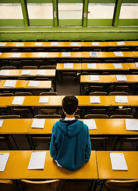 Um menino está de pé num auditório com a parte de trás da cabeça virada para a esquerda