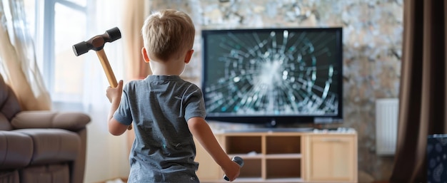 Um menino está de pé segurando um martelo com uma tela de televisão rachada diante dele A imagem retrata um erro juvenil com um fundo de serenidade doméstica