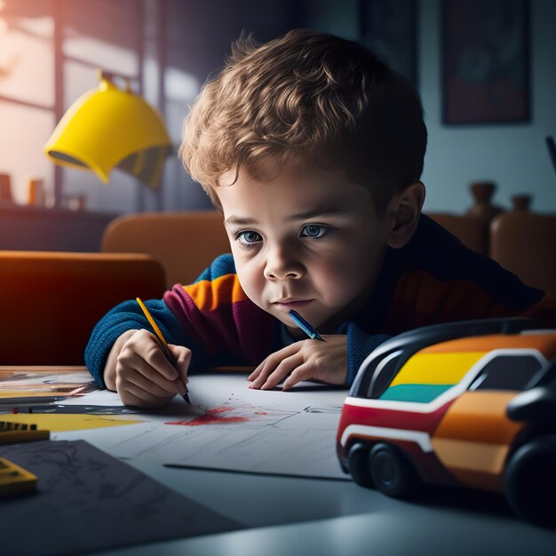 Foto um menino está desenhando com um carrinho de brinquedo sobre uma mesa.