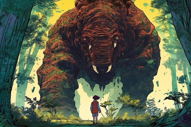 Um menino está em frente a um monstro gigante numa floresta.