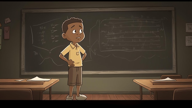 Um menino está em frente a um quadro-negro com as palavras "matemática" nele.