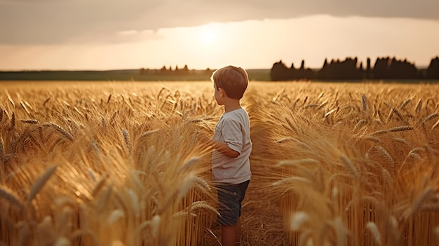 Um menino está em um campo de trigo