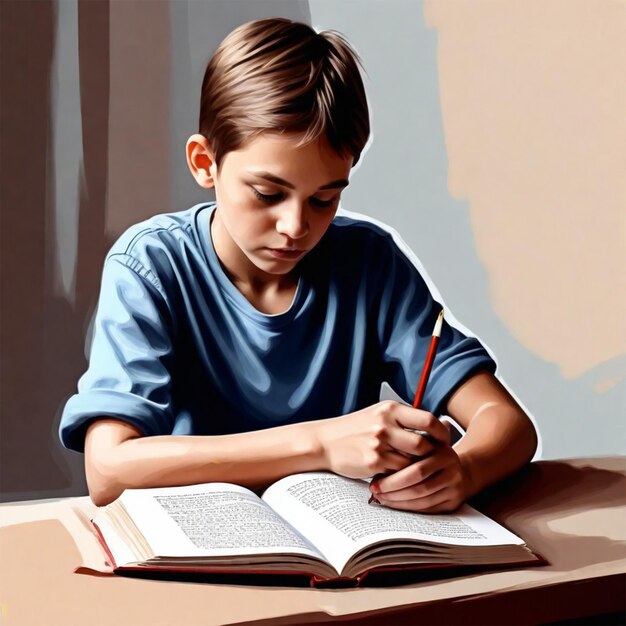 um menino está escrevendo em um livro com uma caneta na mão