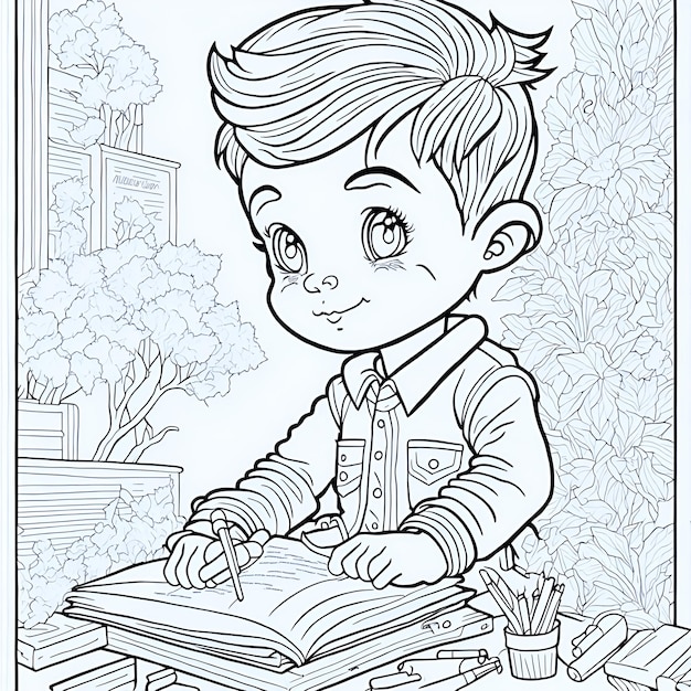 Foto um menino está escrevendo em um livro e está sentado à mesa.