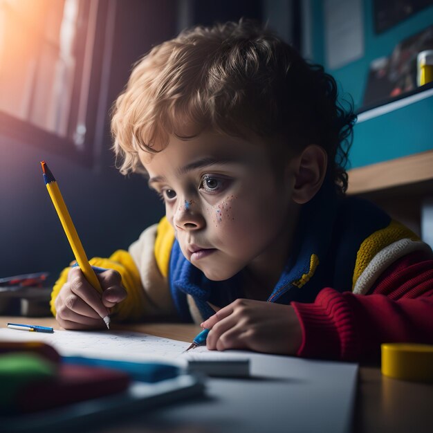 Foto um menino está escrevendo em um papel com um lápis.