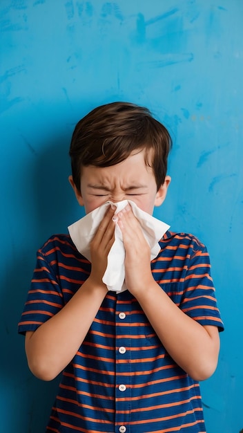 Foto um menino está espirrando em tecido e se sentindo doente na parede azul