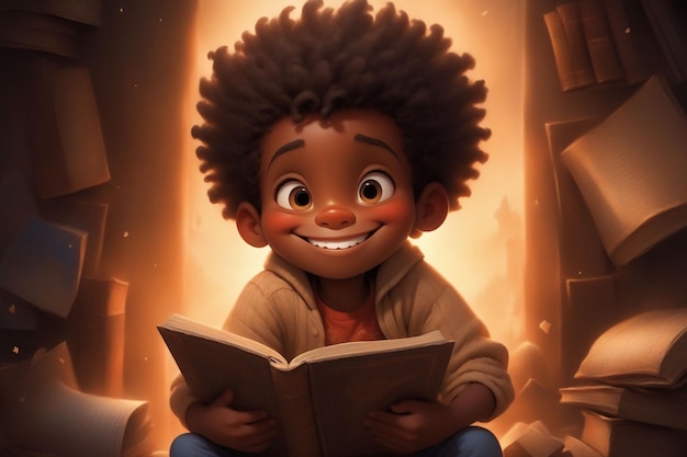 Foto um menino está lendo um livro com entusiasmo