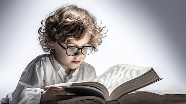 Um menino está lendo um livro com fundo branco.