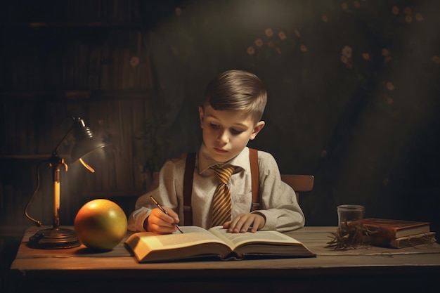 Um menino está lendo um livro em uma sala escura.