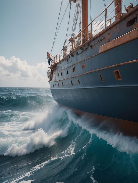 Um menino está na borda de um navio e observa as ondas do mar