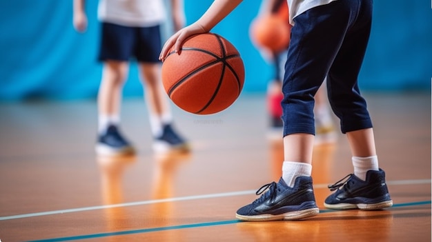 Um menino está segurando uma bola de basquete e vestindo uma camisa azul e shorts azuis.