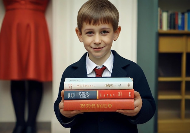 um menino está segurando uma pilha de livros com a palavra "w" no topo