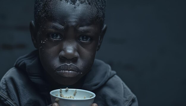 Um menino está segurando uma tigela de comida