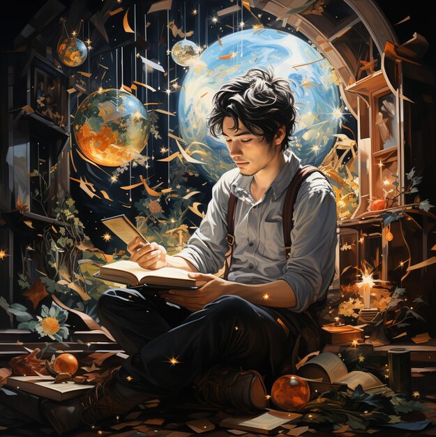 um menino está sentado diante de um mundo com um livro intitulado “a terra”.