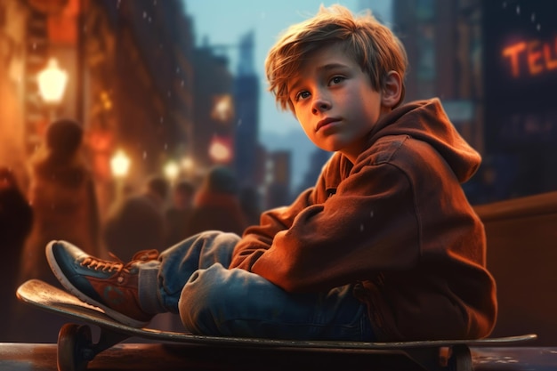 Um menino está sentado em um banco em frente a uma paisagem urbana.