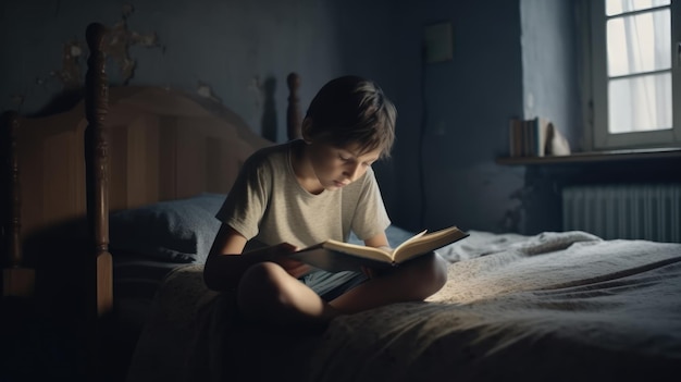 Um menino está sentado em uma cama lendo um livro em um quarto escuro.