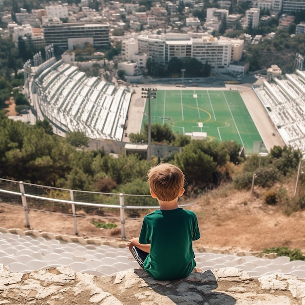 Um menino está sentado em uma colina olhando para um estádio e o estádio está ao fundo.