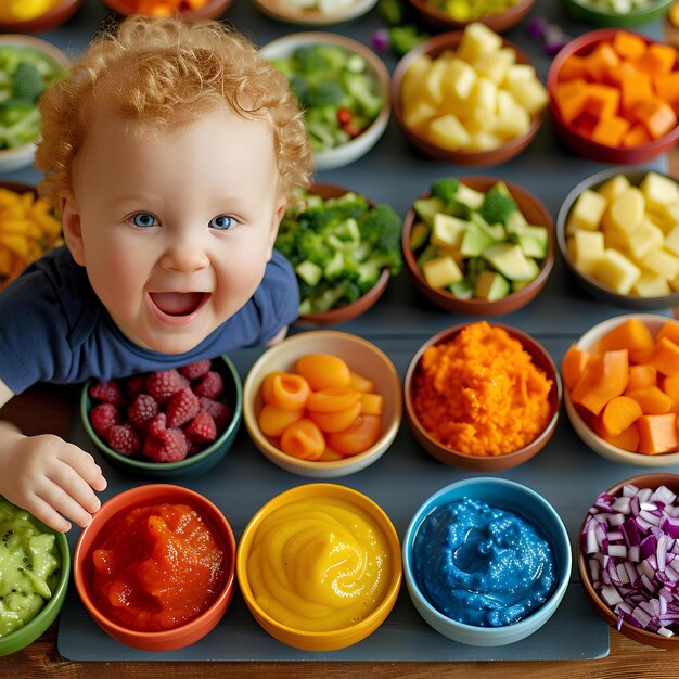 Foto um menino está sentado na frente de uma mesa cheia de tigelas de comida