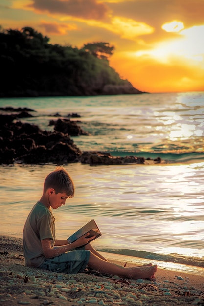 Um menino está sentado na praia lendo um livro