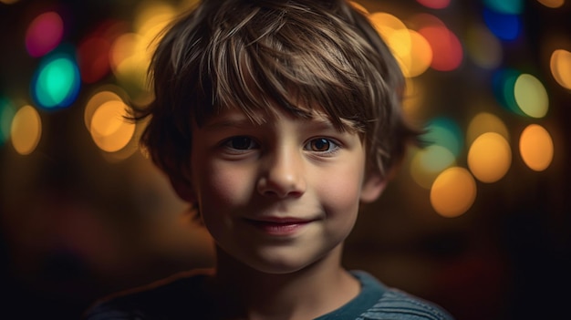 Um menino está sorrindo na frente de um fundo desfocado com luzes.