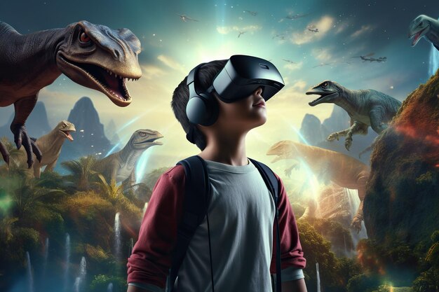 Um menino está usando óculos de realidade virtual em um fundo de dinossauros x9