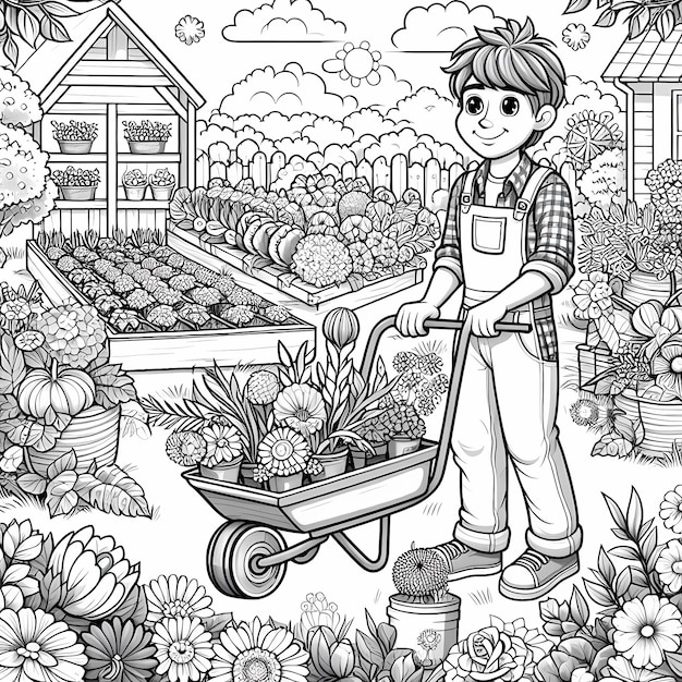 Foto um menino está usando um carrinho de mão com uma mangueira de jardim