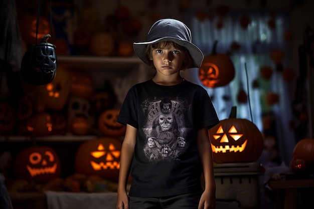 Foto um menino está vestindo uma camiseta com tema de halloween