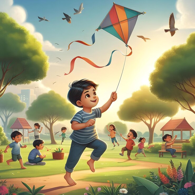 um menino está voando uma cometa em um parque