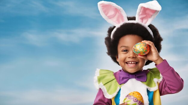 Um menino étnico alegre com cabelo afro em traje de Páscoa e orelhas de coelho sorrindo enquanto cobria e