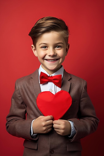 Um menino feliz com corações vermelhos no Dia dos Namorados.