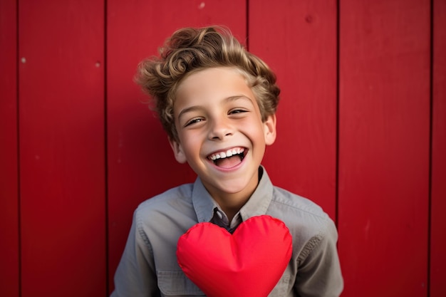 Um menino feliz com corações vermelhos no Dia dos Namorados.