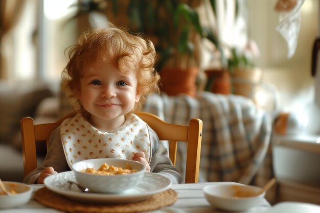 Foto um menino feliz come mingau ao pequeno-almoço.