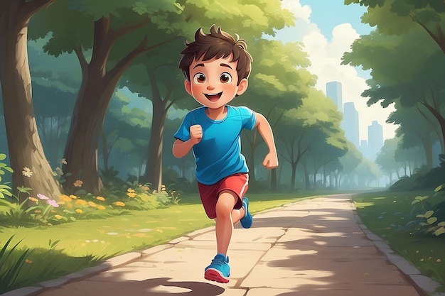 Foto um menino feliz e bonito a correr tão depressa.