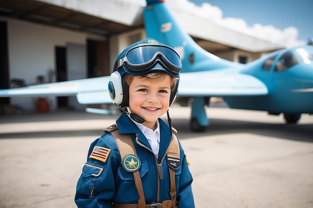 Um menino feliz e bonito a usar o uniforme de piloto.