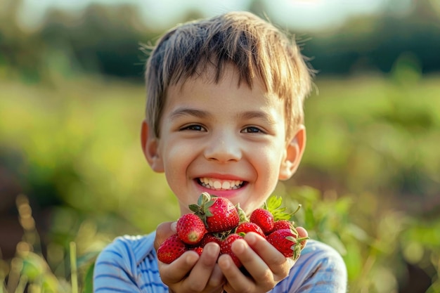 Um menino feliz está segurando morangos maduros em suas mãos.