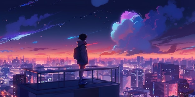 Um menino fica em um telhado olhando para a cidade e o céu