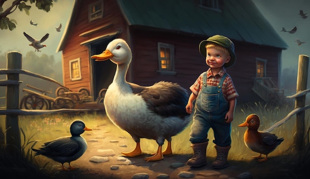 Um menino fica na frente de um celeiro e patos.