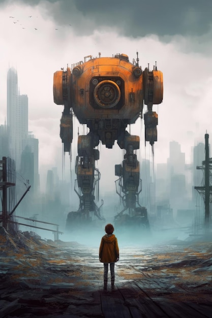 Um menino fica na frente de um robô gigante que diz 'o robô'