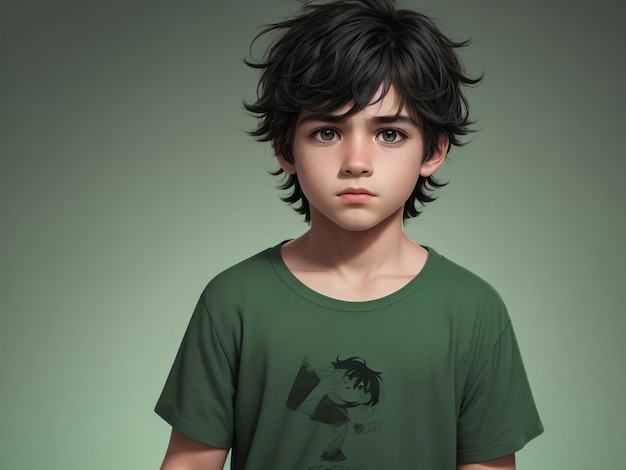 Foto um menino fixe vestindo uma camiseta verde.