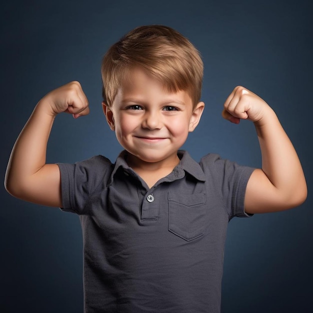 Foto um menino flexionando os músculos para uma foto