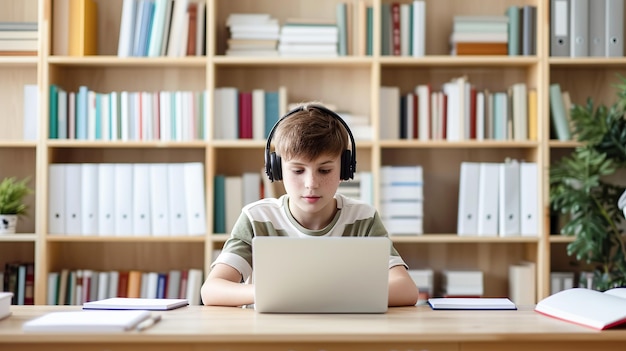 Um menino focado com fones de ouvido usando um laptop em uma mesa com livros em uma sala brilhante com uma estante