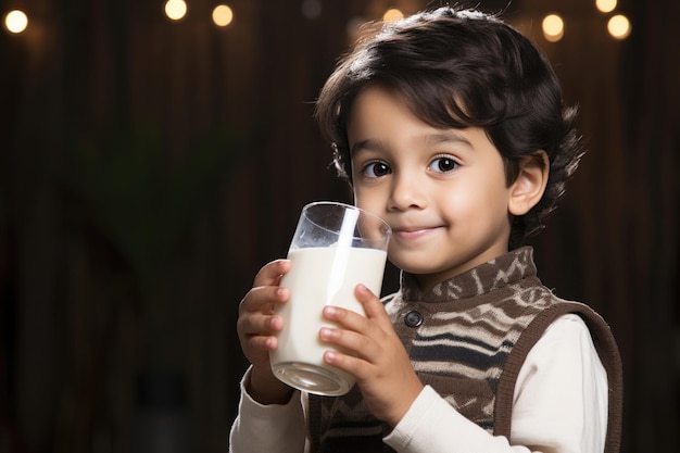 Um menino indiano bonito bebe leite num copo com expressões felizes.