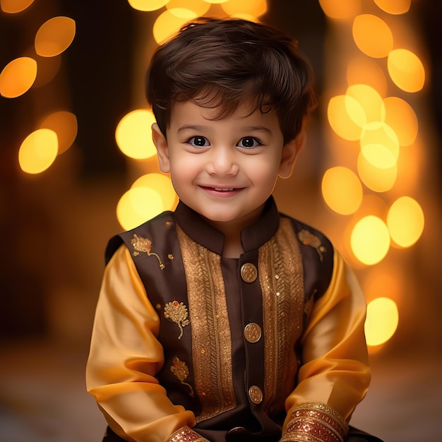 Um menino indiano bonito com roupas tradicionais.