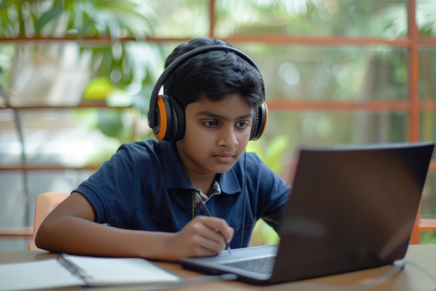 Um menino indiano entusiasta com fones de ouvido sem fio concentra-se em uma aprendizagem