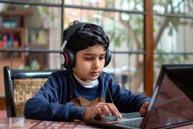 Um menino indiano entusiasta com fones de ouvido sem fio concentra-se em uma aprendizagem