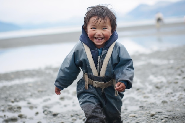 Foto um menino inuit correndo alegremente na praia coberta de neve no tempo frio